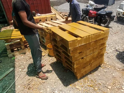 Timber crates being assembled for stone shipment